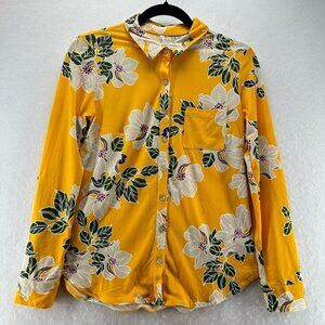 DNA Couture Top Womens Size S Floral Shirt Button Front Long Sleeve Yellow